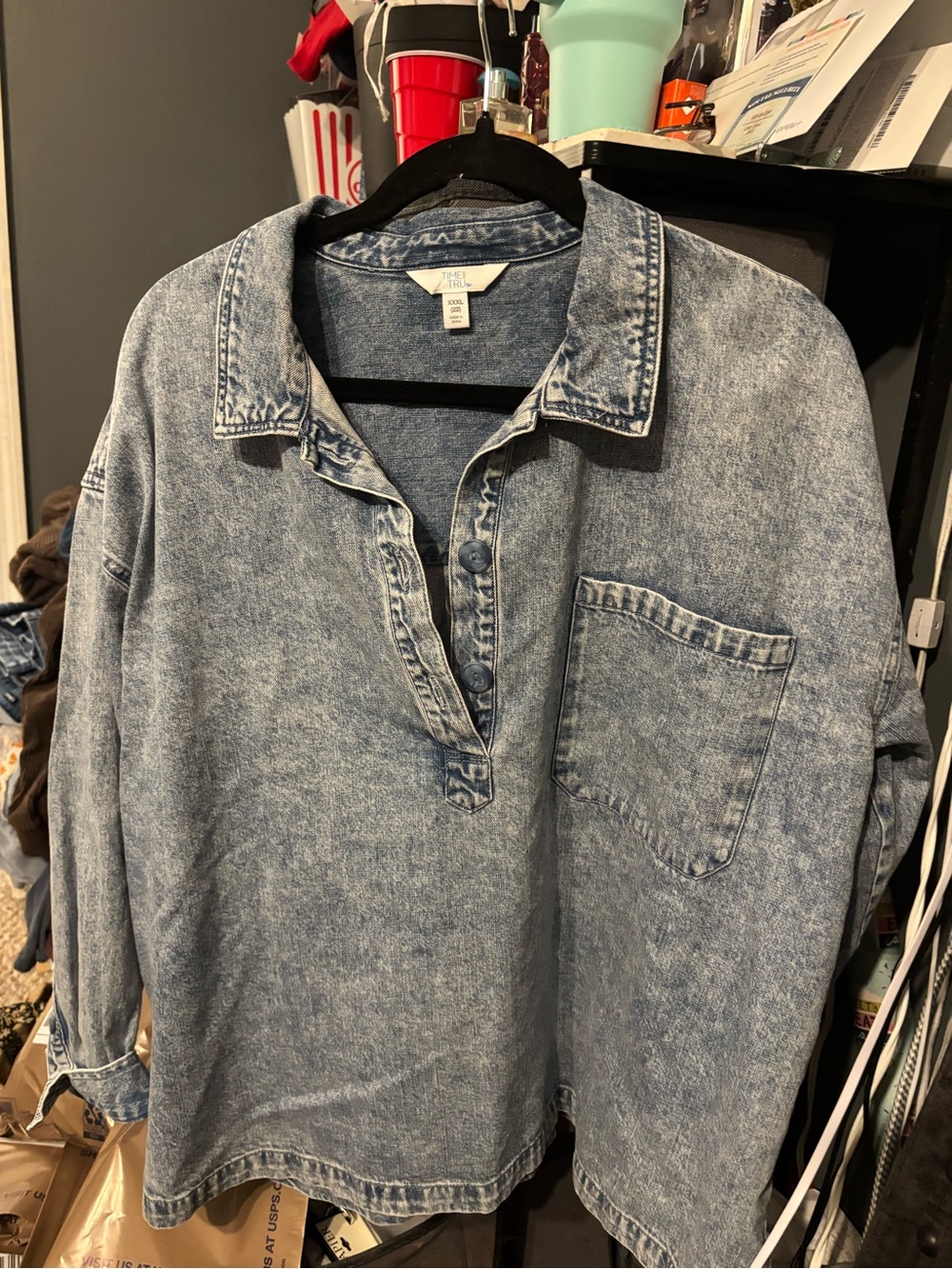 Time and Tru Washed Denim Button-Front Casual Shirt - Light Blue
